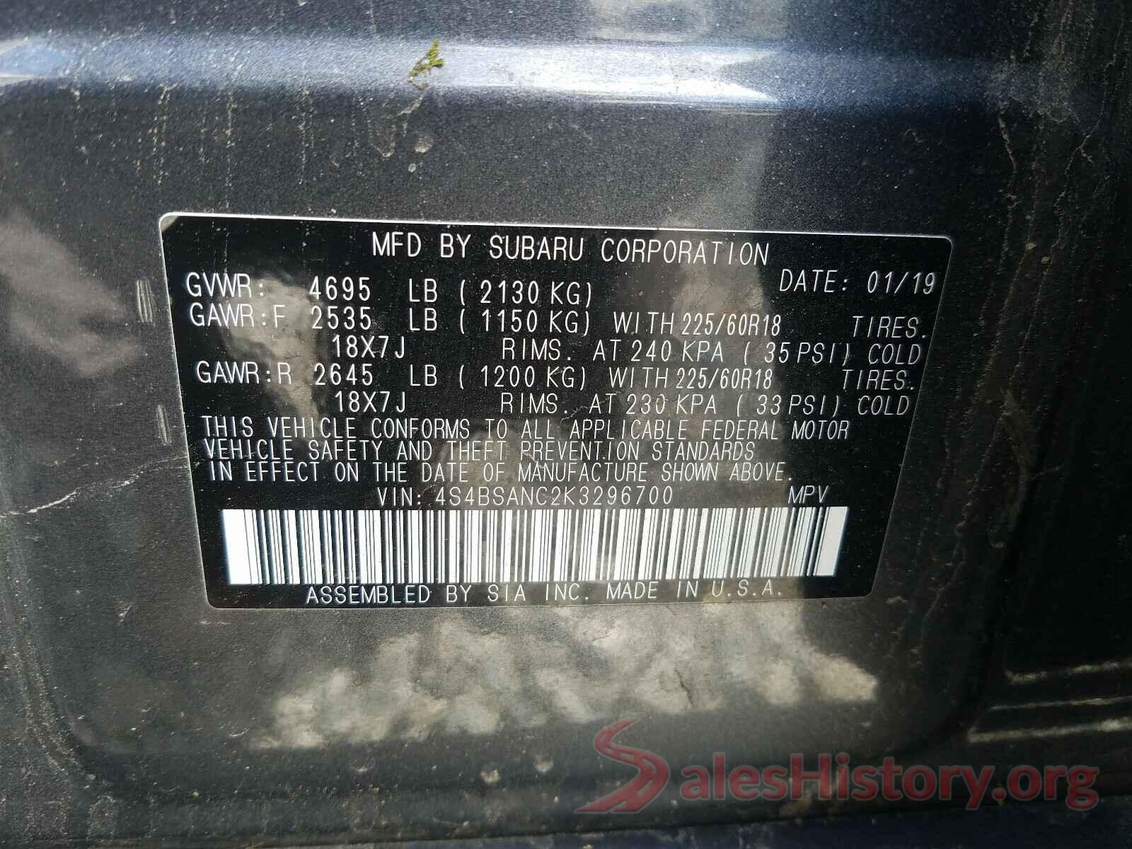 4S4BSANC2K3296700 2019 SUBARU OUTBACK