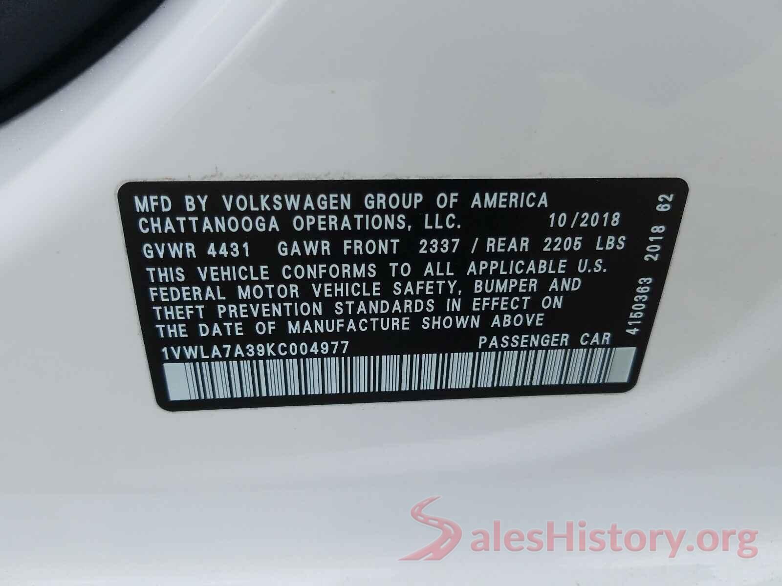 1VWLA7A39KC004977 2019 VOLKSWAGEN PASSAT