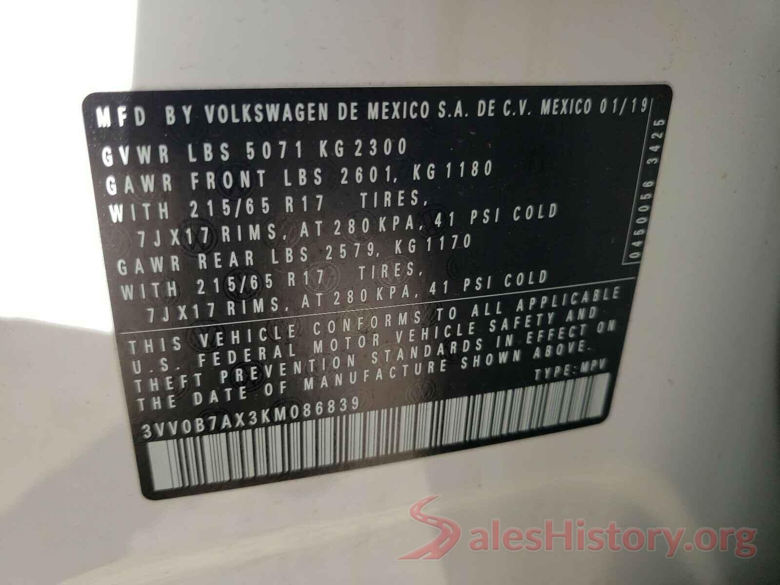 3VV0B7AX3KM086839 2019 VOLKSWAGEN TIGUAN