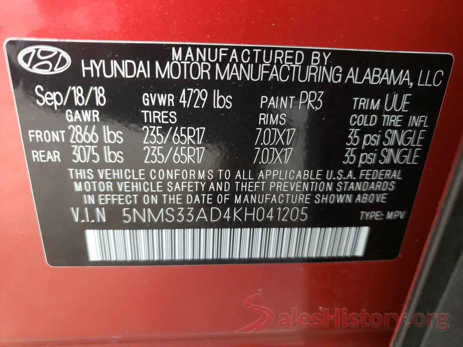 5NMS33AD4KH041205 2019 HYUNDAI SANTA FE