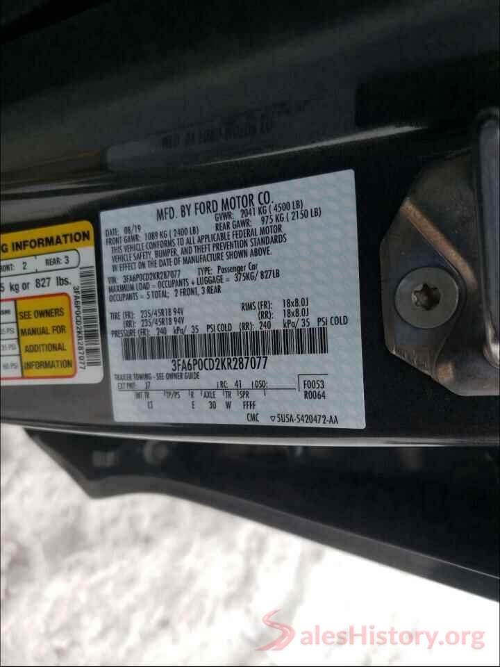 3FA6P0CD2KR287077 2019 FORD FUSION