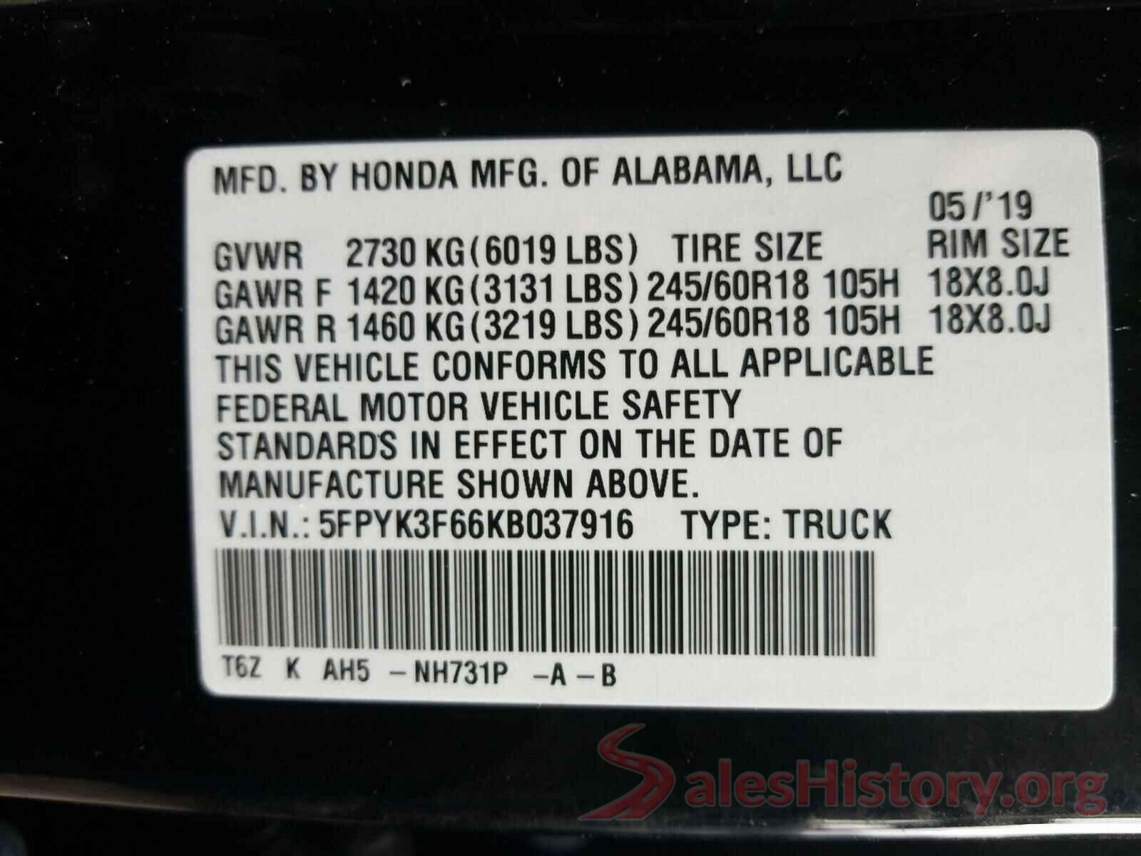 5FPYK3F66KB037916 2019 HONDA RIDGELINE