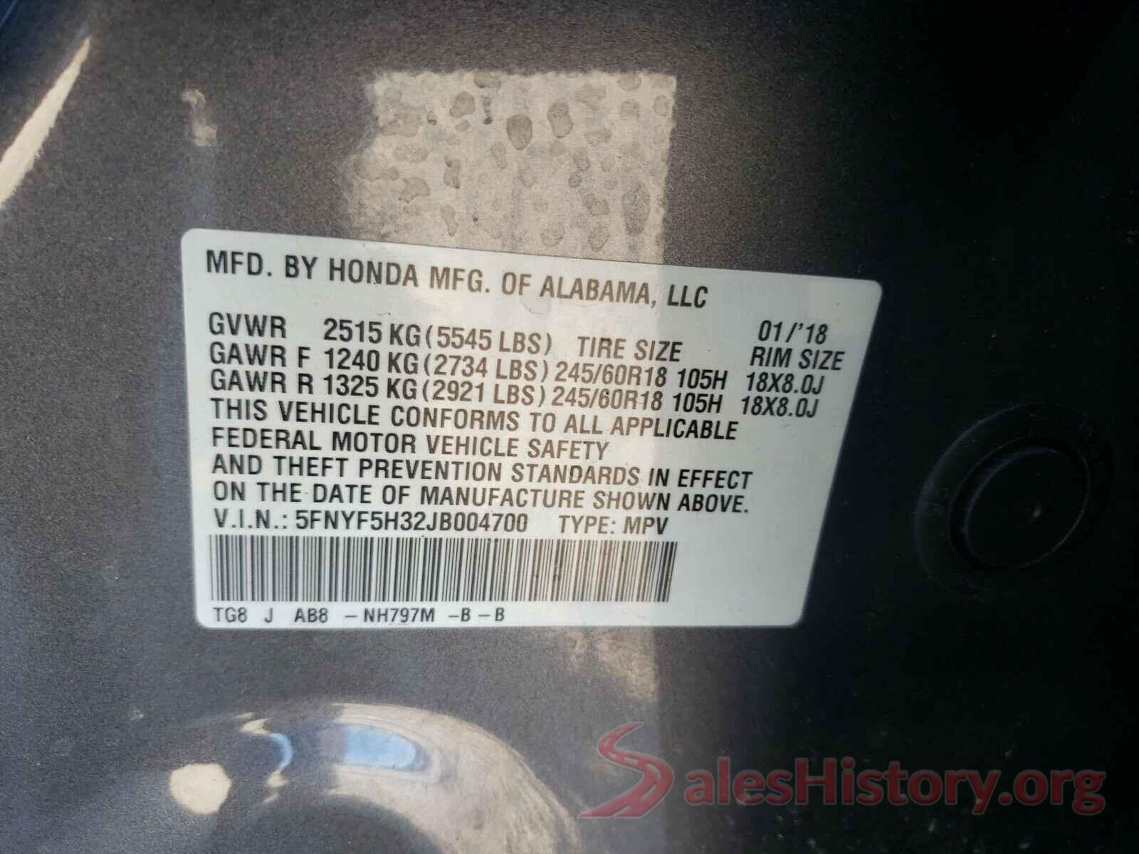 5FNYF5H32JB004700 2018 HONDA PILOT