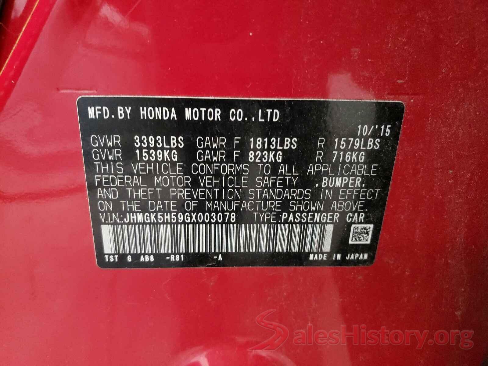 JHMGK5H59GX003078 2016 HONDA FIT