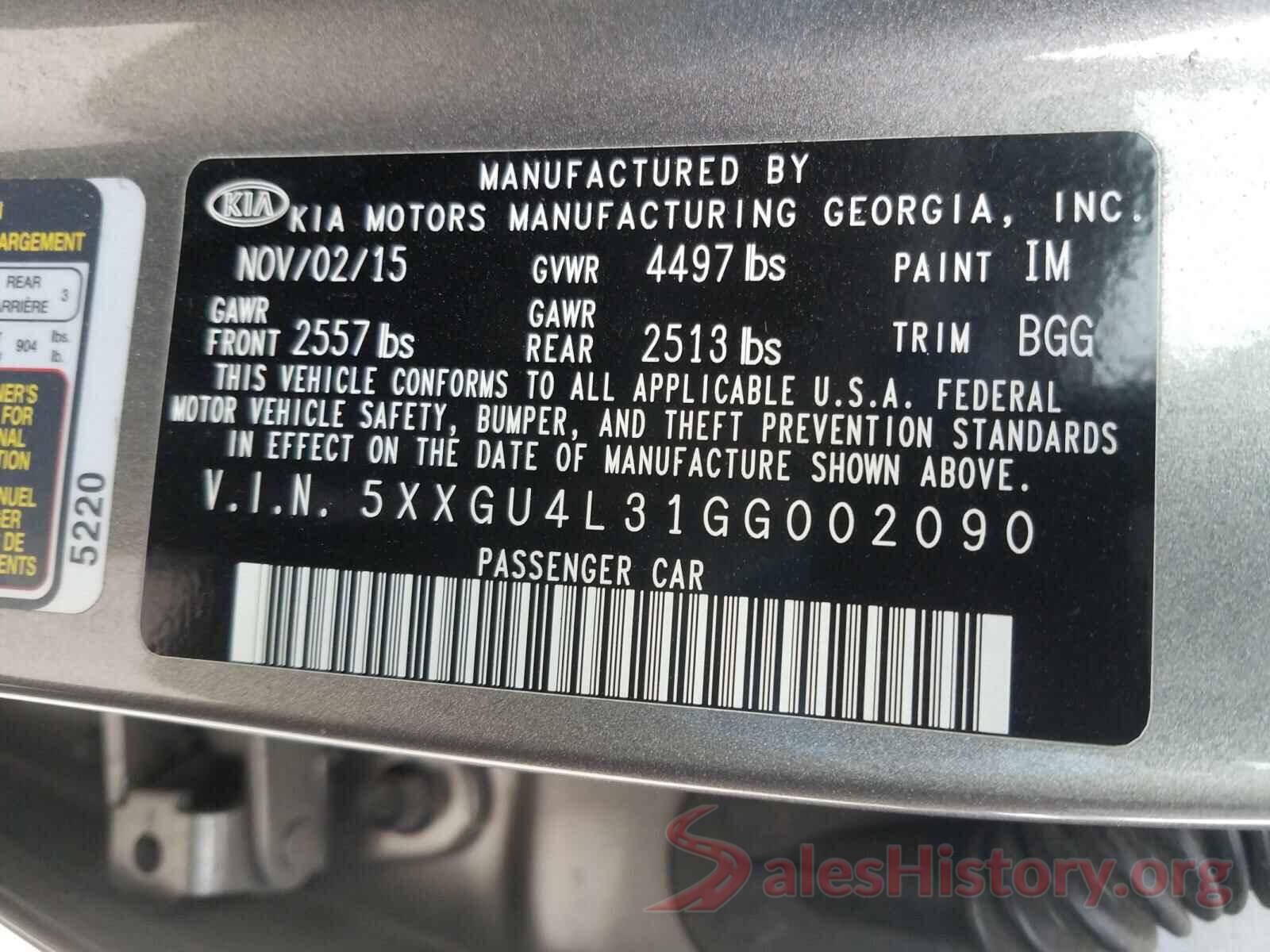 5XXGU4L31GG002090 2016 KIA OPTIMA