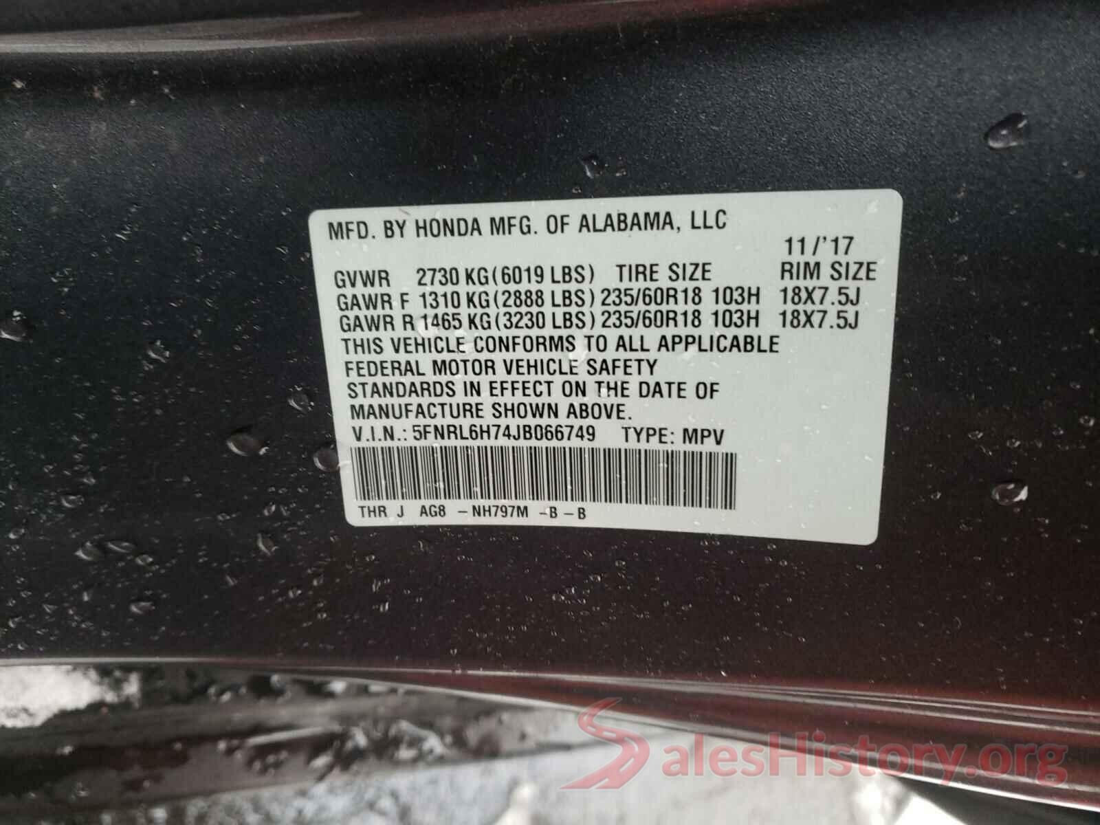 5FNRL6H74JB066749 2018 HONDA ODYSSEY