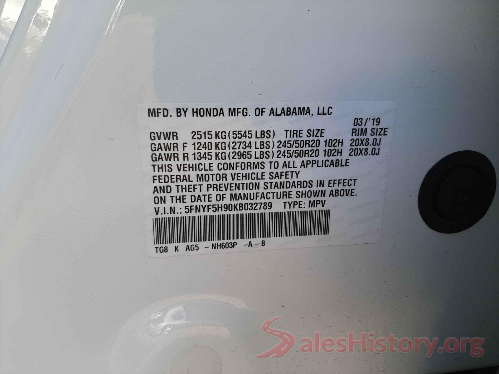 5FNYF5H90KB032789 2019 HONDA PILOT