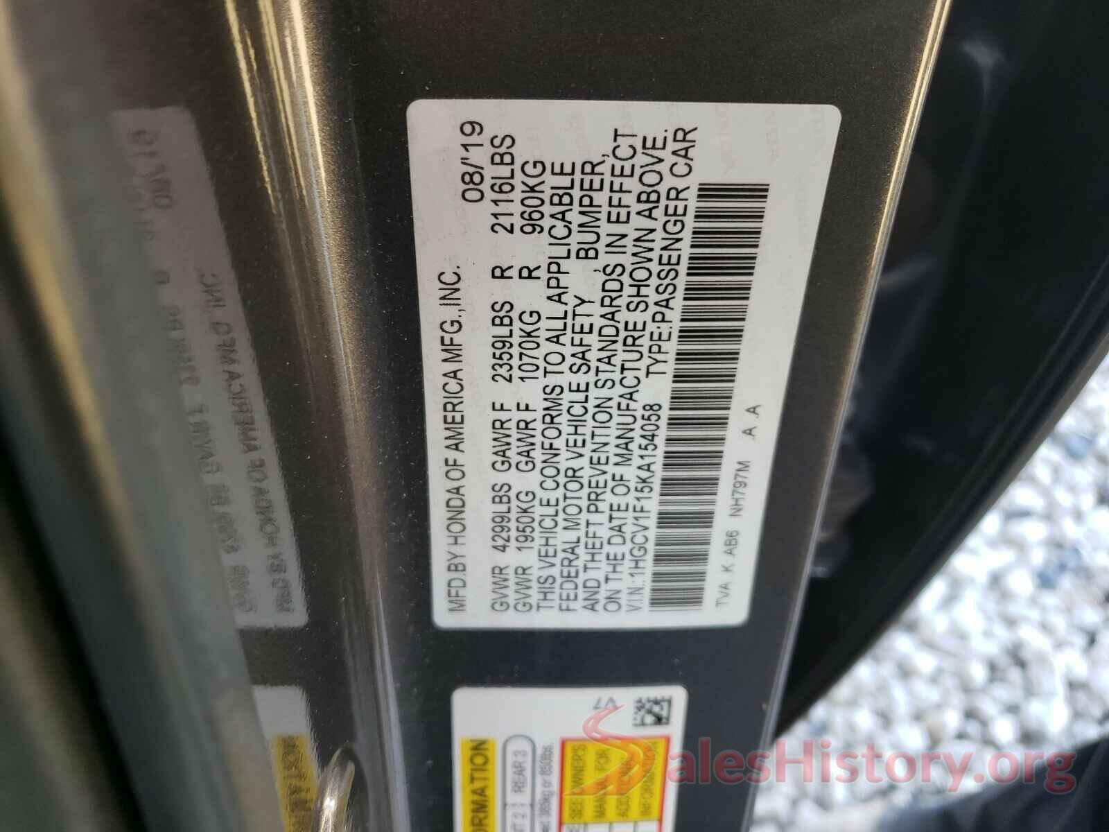 1HGCV1F15KA154058 2019 HONDA ACCORD