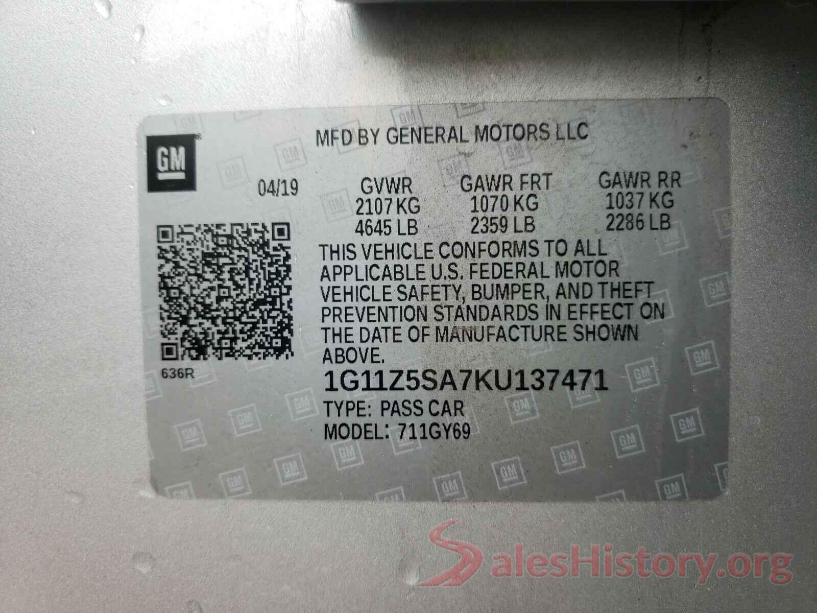 1G11Z5SA7KU137471 2019 CHEVROLET IMPALA