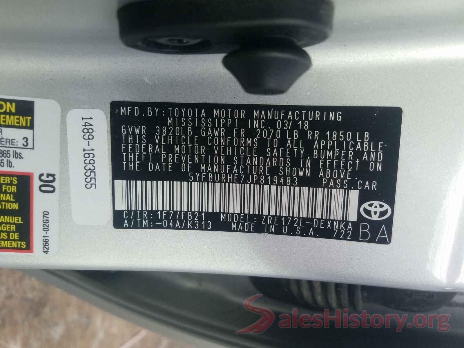 5YFBURHE7JP819483 2018 TOYOTA COROLLA