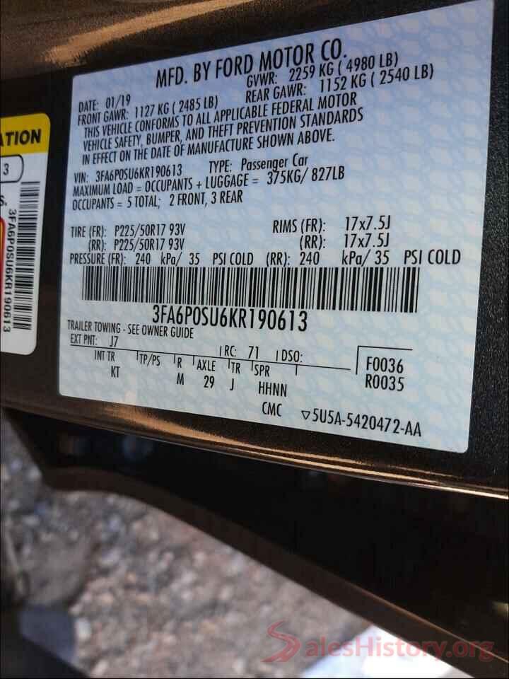 3FA6P0SU6KR190613 2019 FORD FUSION