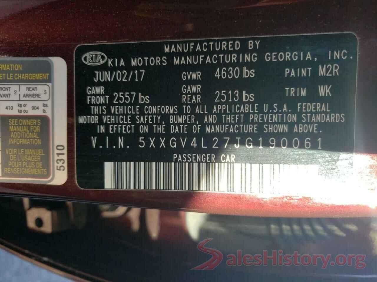 5XXGV4L27JG190061 2018 KIA OPTIMA