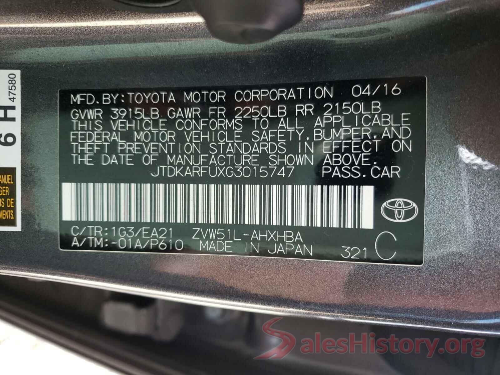 JTDKARFUXG3015747 2016 TOYOTA PRIUS