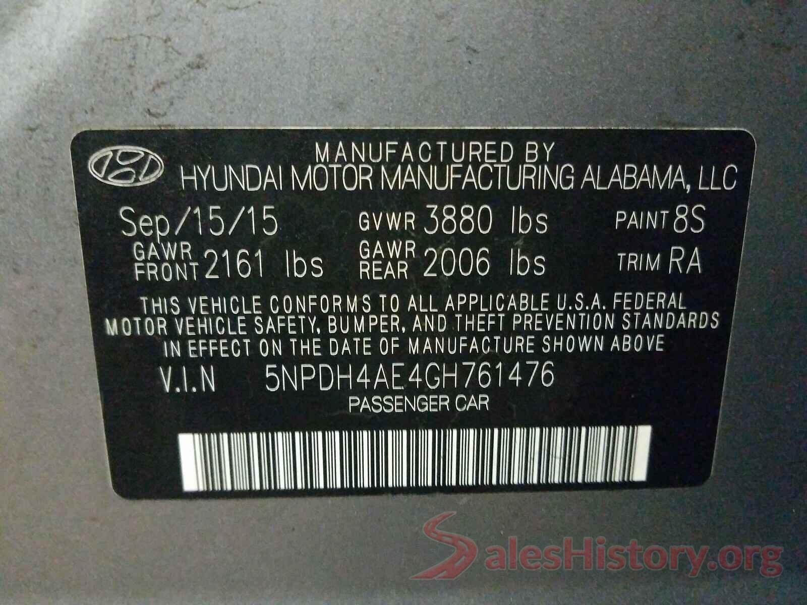 5NPDH4AE4GH761476 2016 HYUNDAI ELANTRA