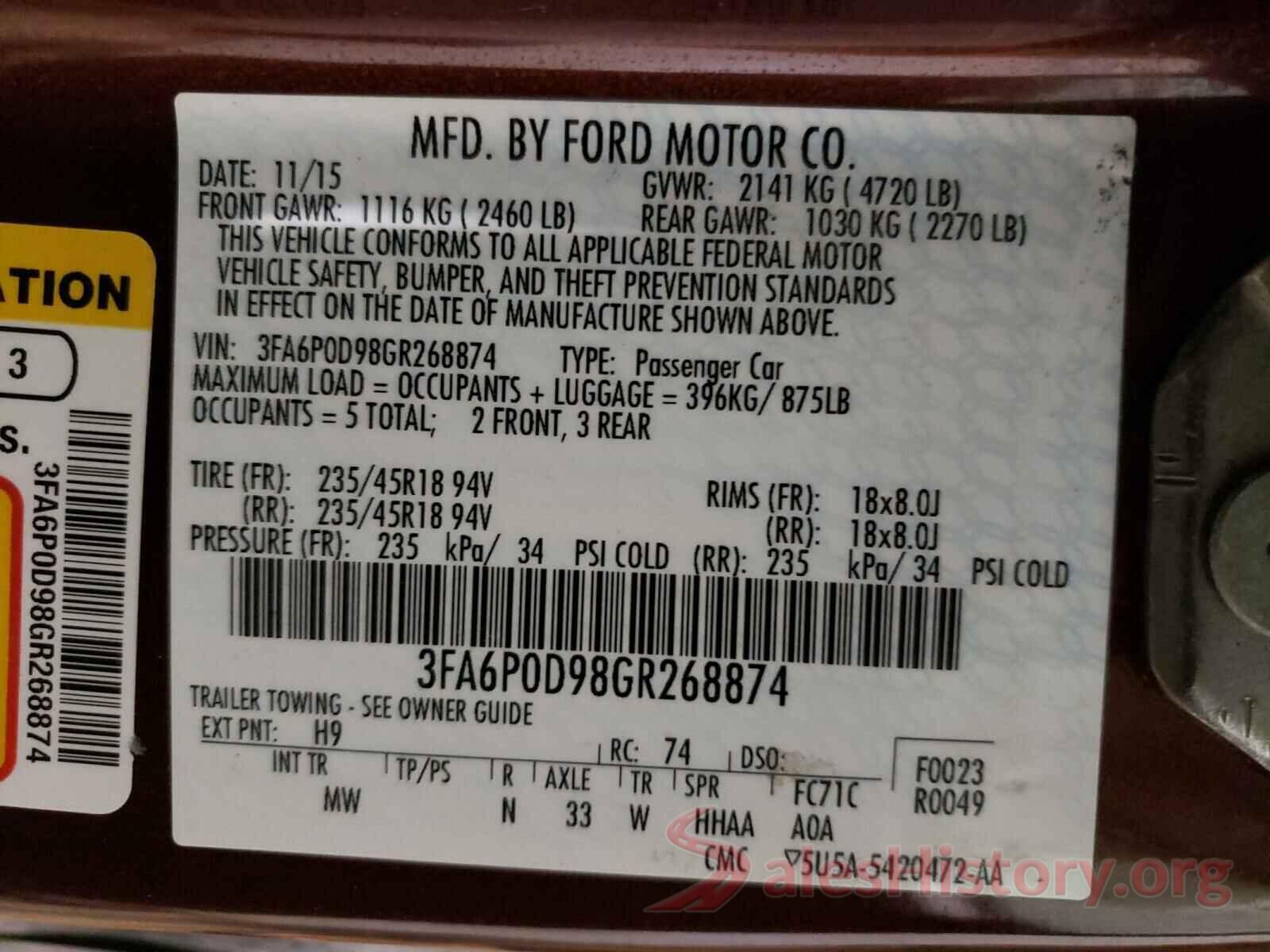 3FA6P0D98GR268874 2016 FORD FUSION