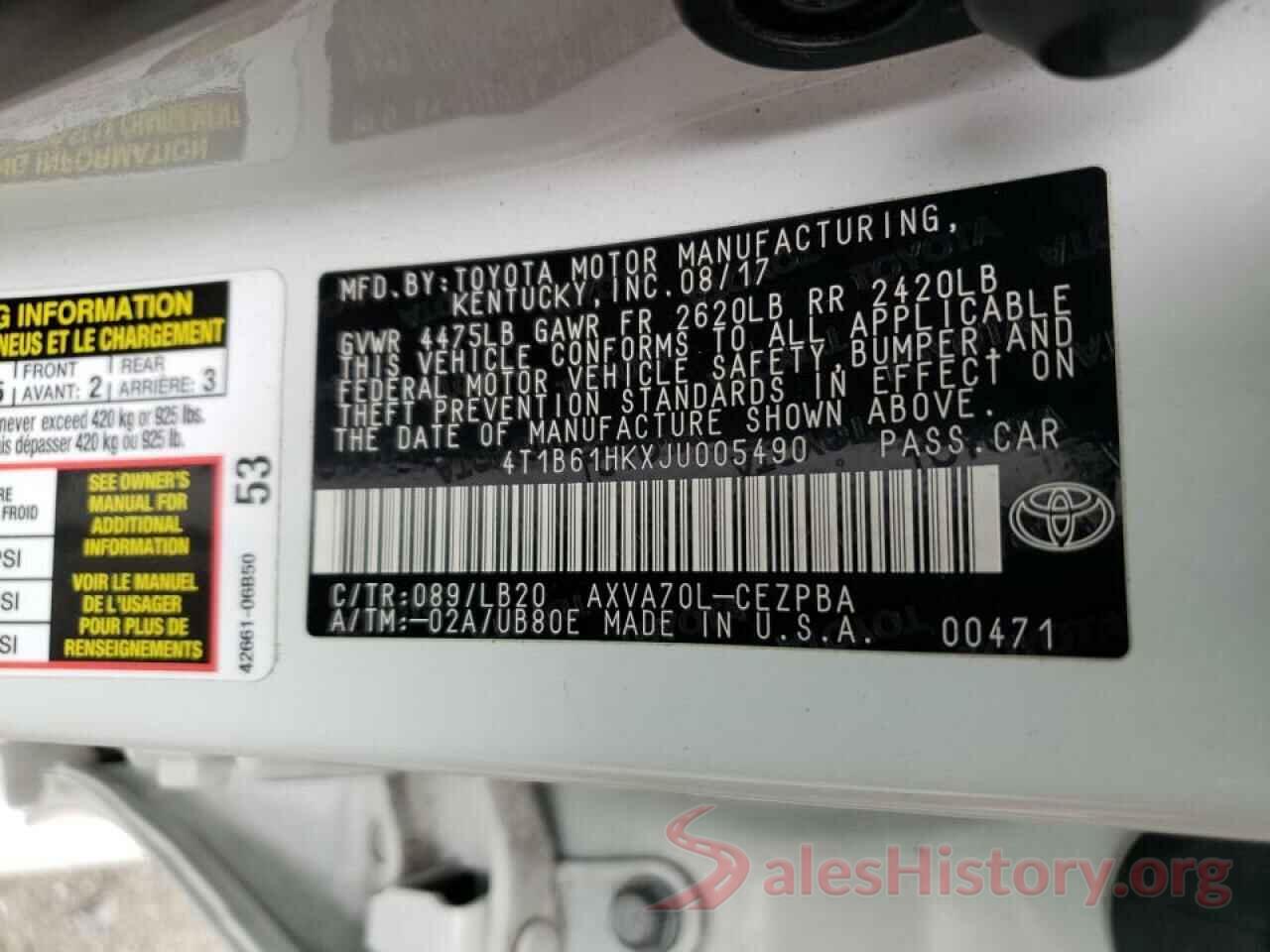 4T1B61HKXJU005490 2018 TOYOTA CAMRY