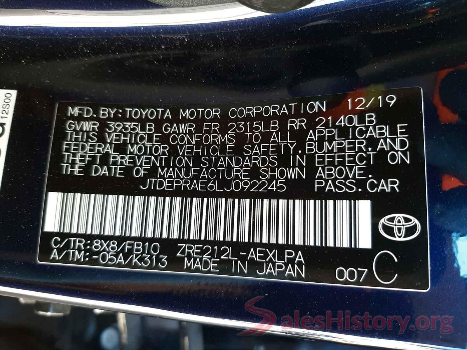 JTDEPRAE6LJ092245 2020 TOYOTA COROLLA