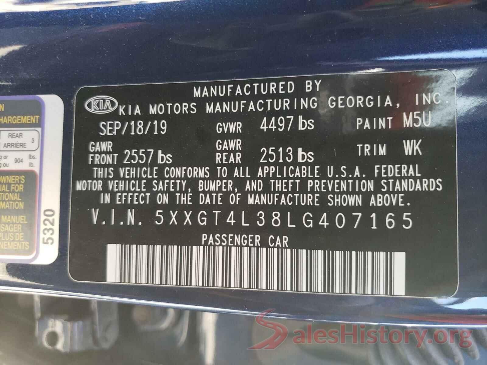 5XXGT4L38LG407165 2020 KIA OPTIMA