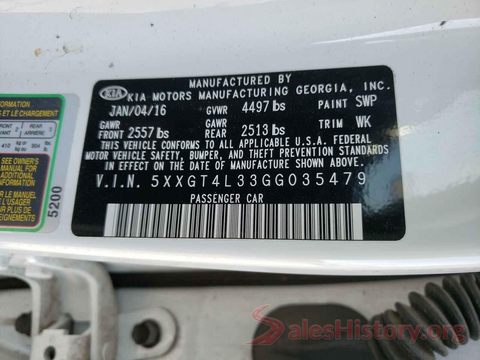 5XXGT4L33GG035479 2016 KIA OPTIMA