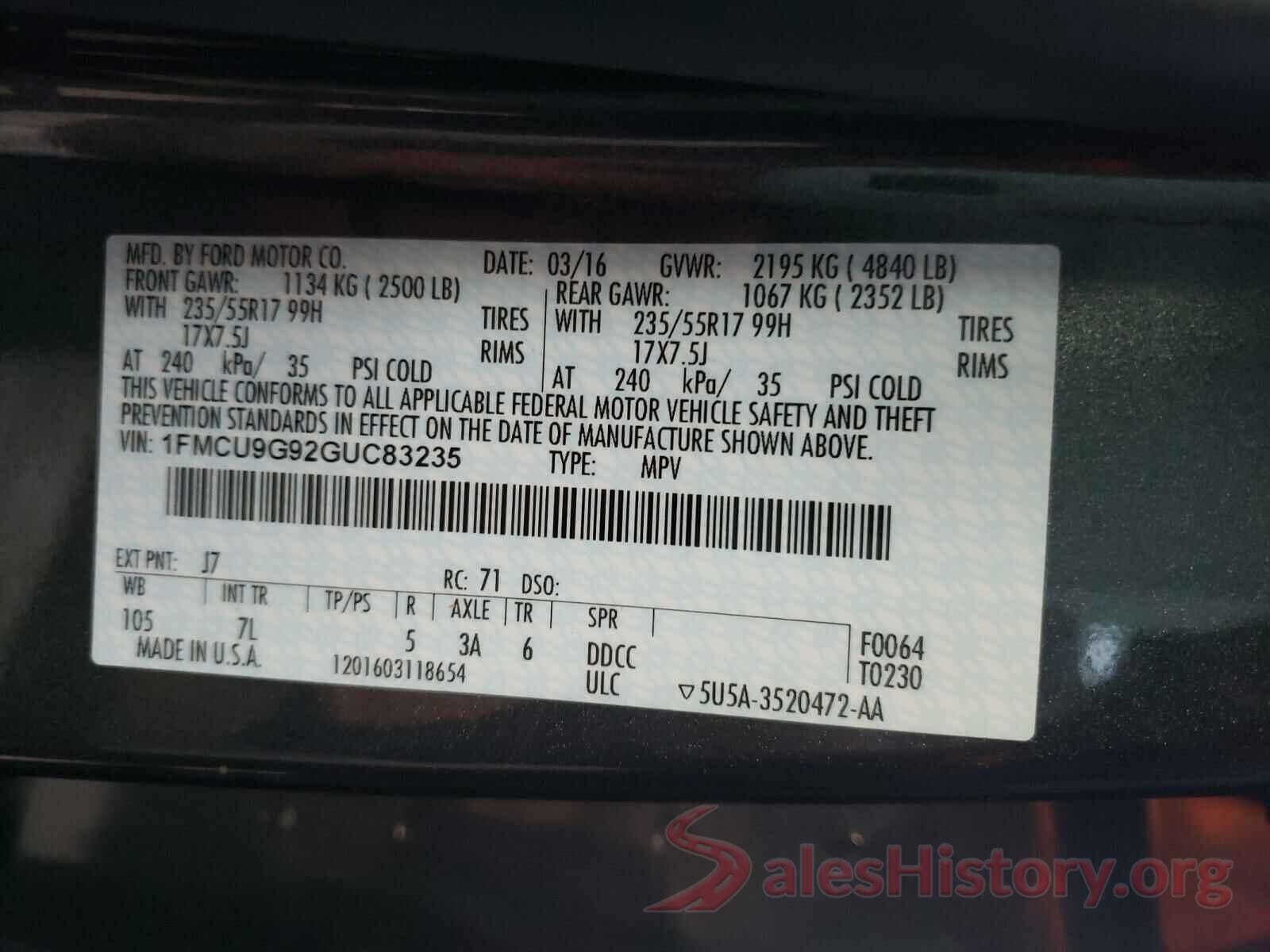 1FMCU9G92GUC83235 2016 FORD ESCAPE