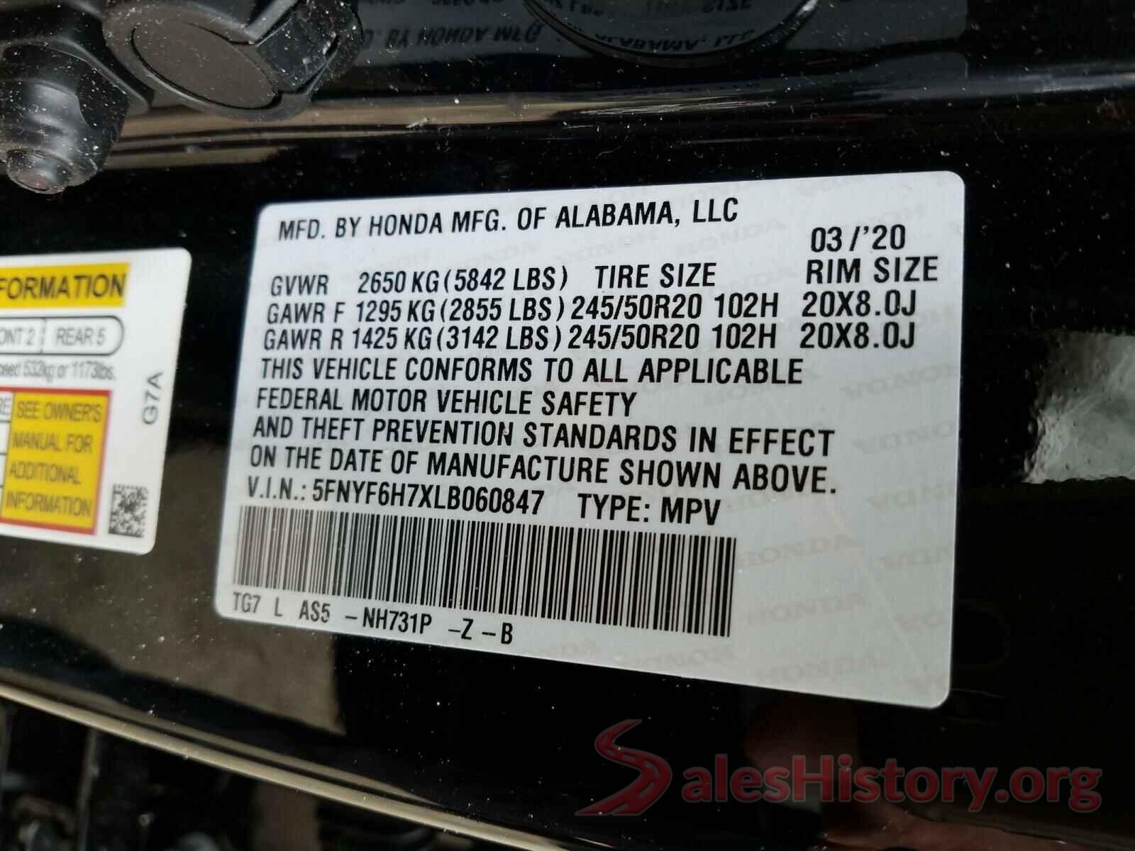 5FNYF6H7XLB060847 2020 HONDA PILOT