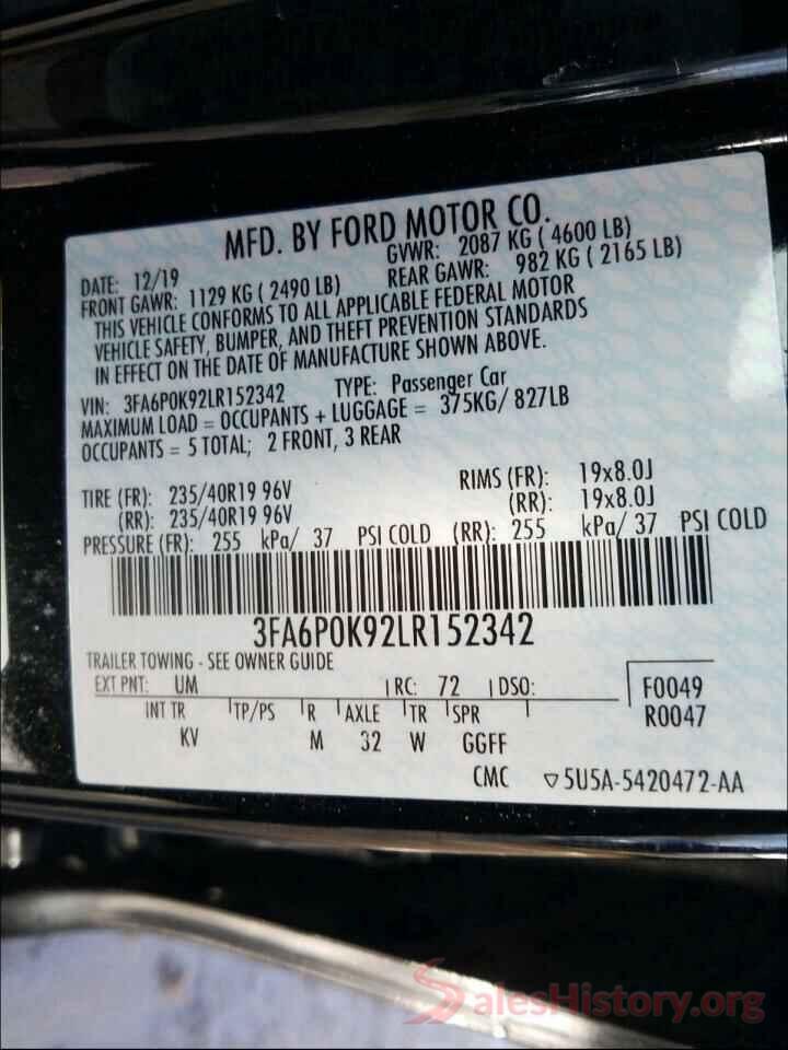 3FA6P0K92LR152342 2020 FORD FUSION