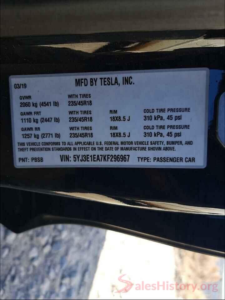 5YJ3E1EA7KF296967 2019 TESLA MODEL 3