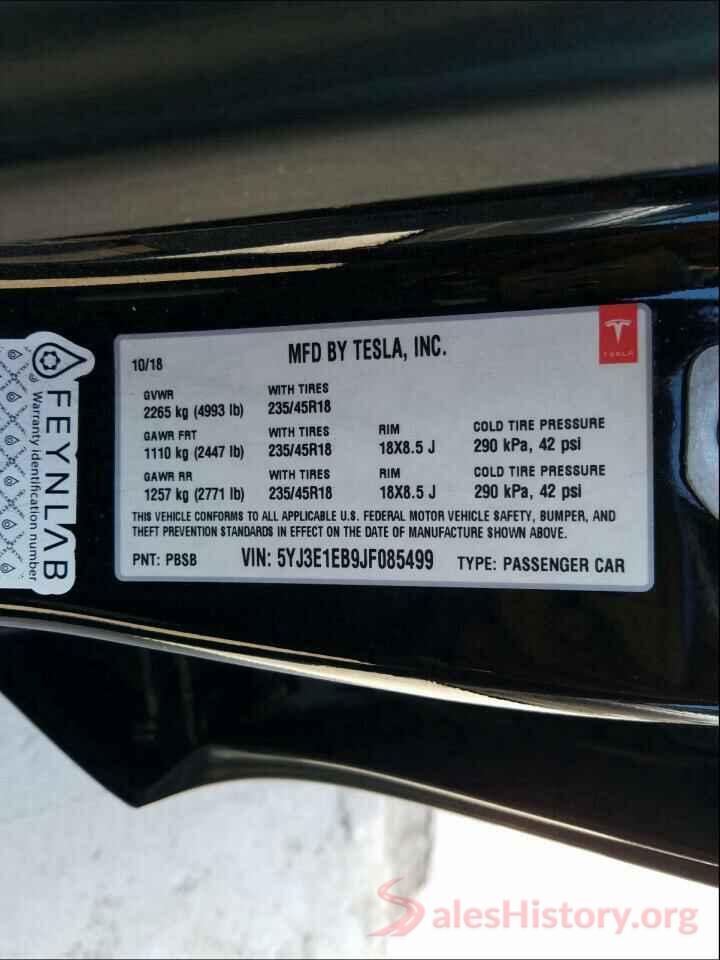 5YJ3E1EB9JF085499 2018 TESLA MODEL 3