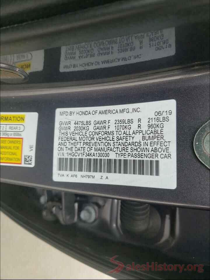 1HGCV1F34KA130030 2019 HONDA ACCORD