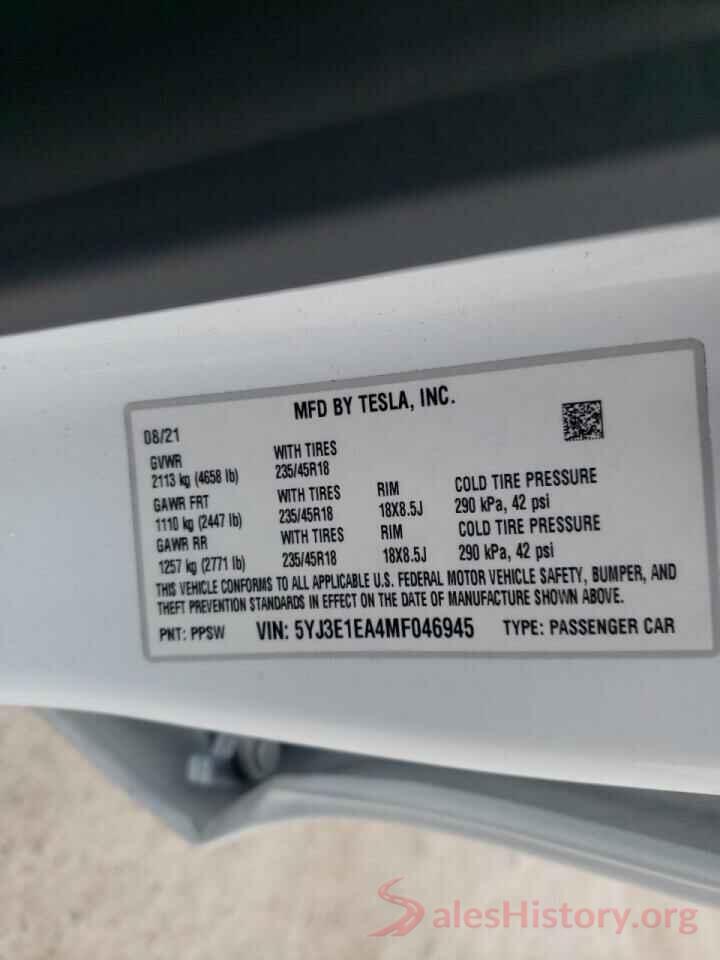 5YJ3E1EA4MF046945 2021 TESLA MODEL 3