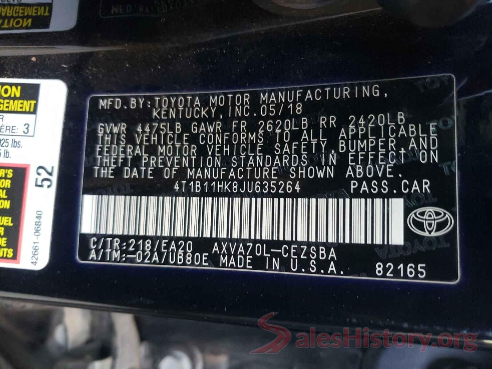 4T1B11HK8JU635264 2018 TOYOTA CAMRY