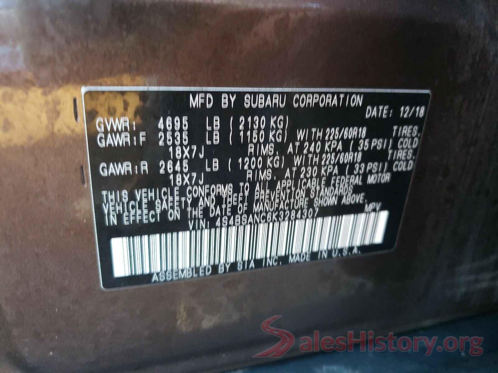 4S4BSANC6K3284307 2019 SUBARU OUTBACK