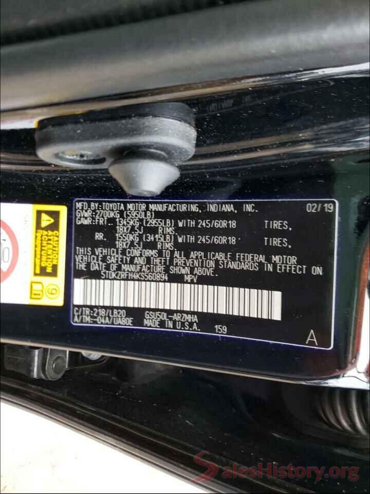 5TDKZRFH4KS560894 2019 TOYOTA HIGHLANDER