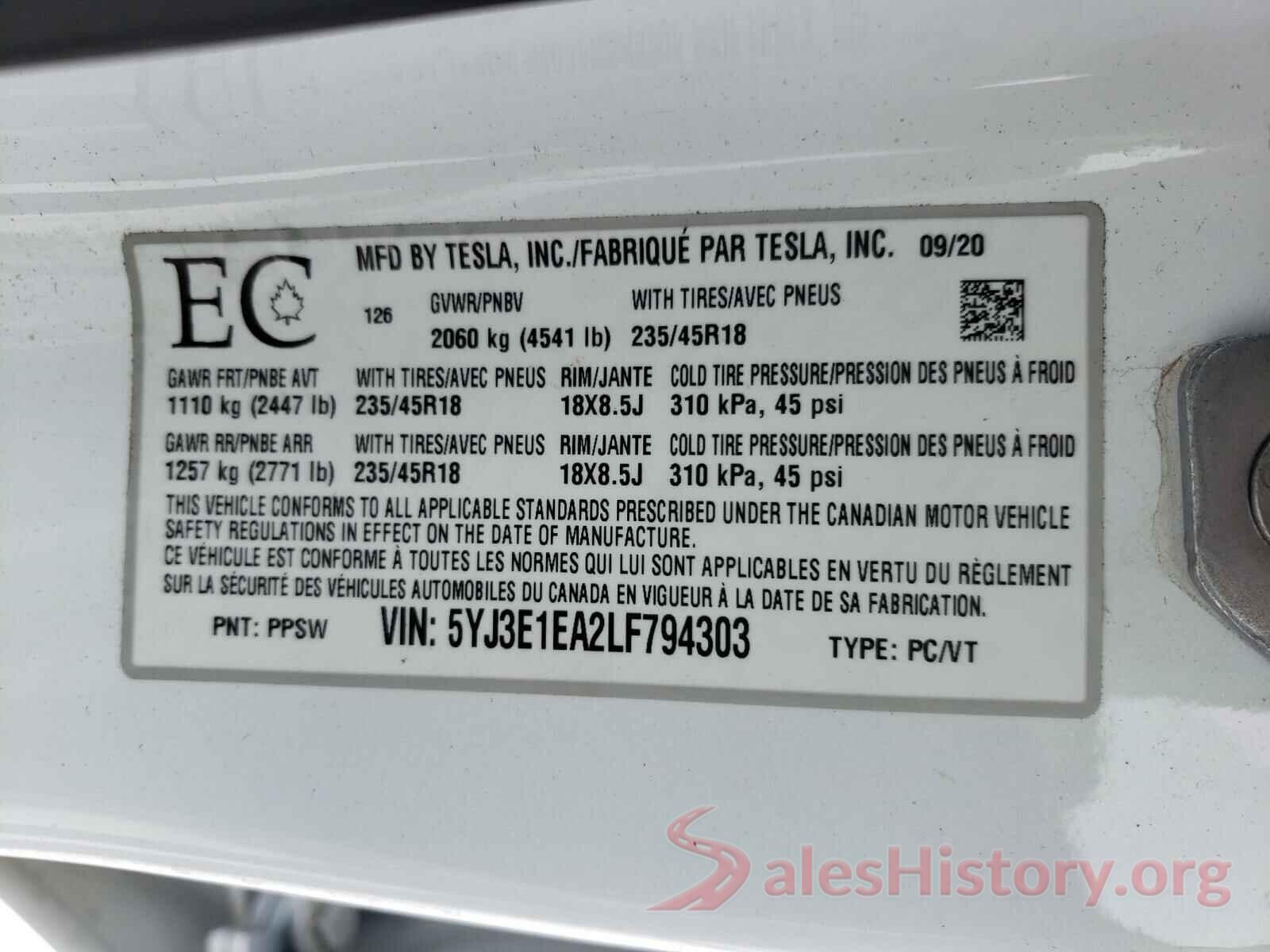 5YJ3E1EA2LF794303 2020 TESLA MODEL 3