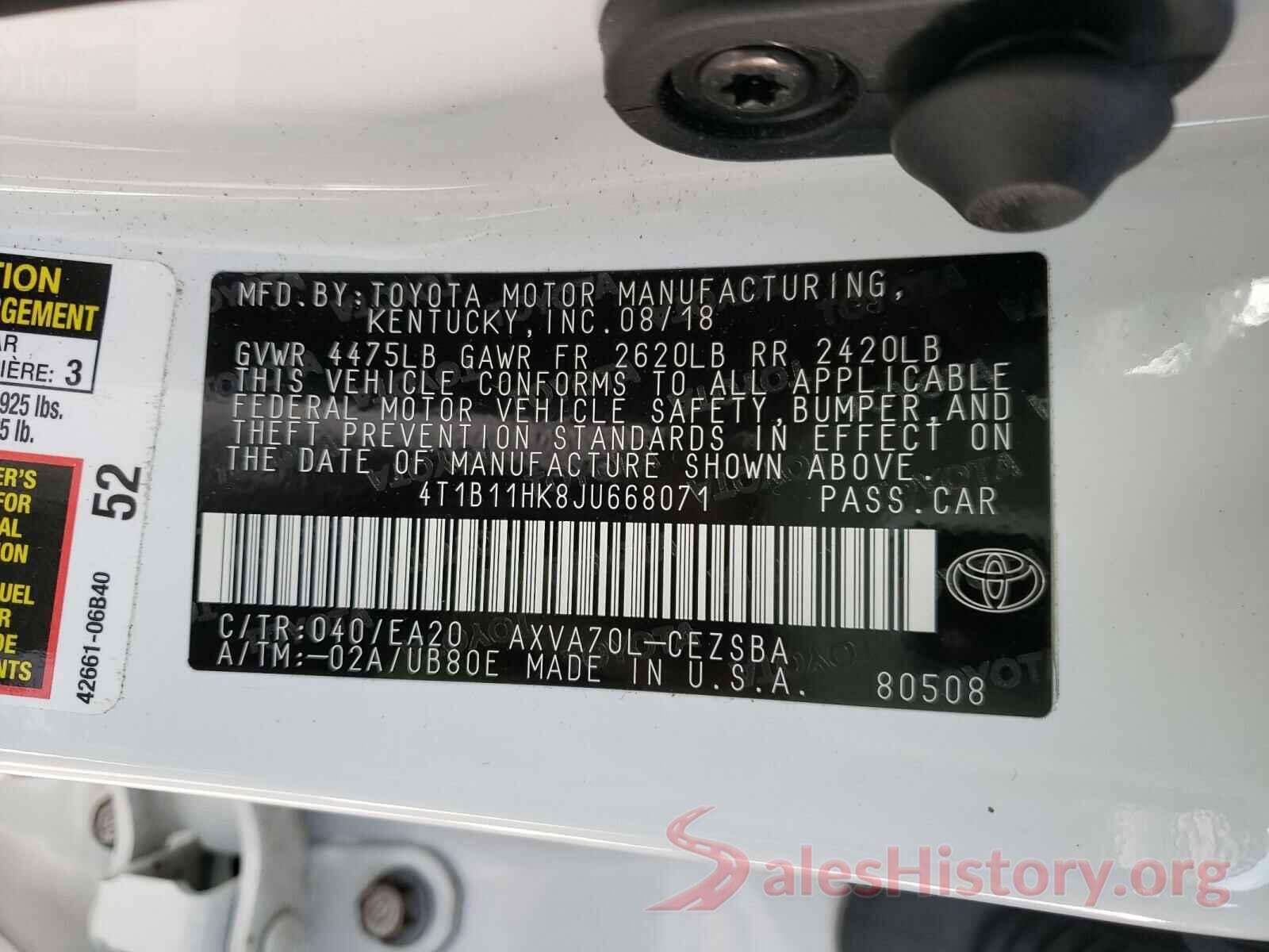 4T1B11HK8JU668071 2018 TOYOTA CAMRY