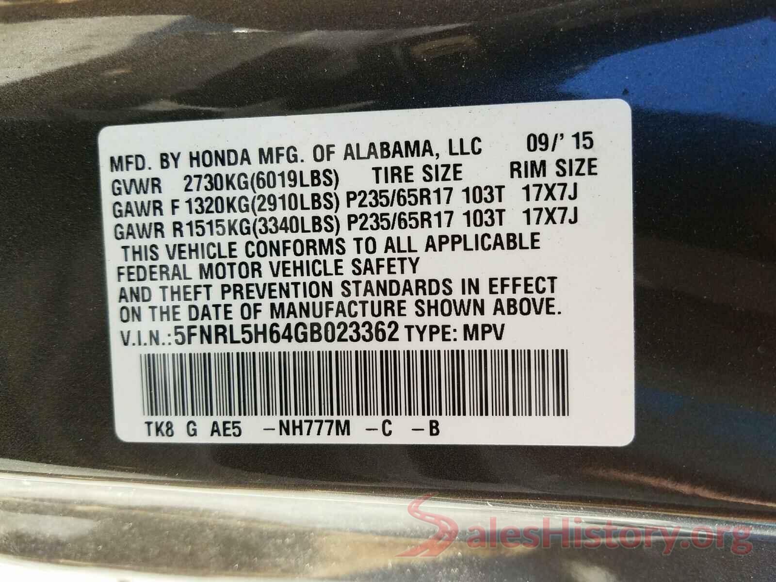 5FNRL5H64GB023362 2016 HONDA ODYSSEY