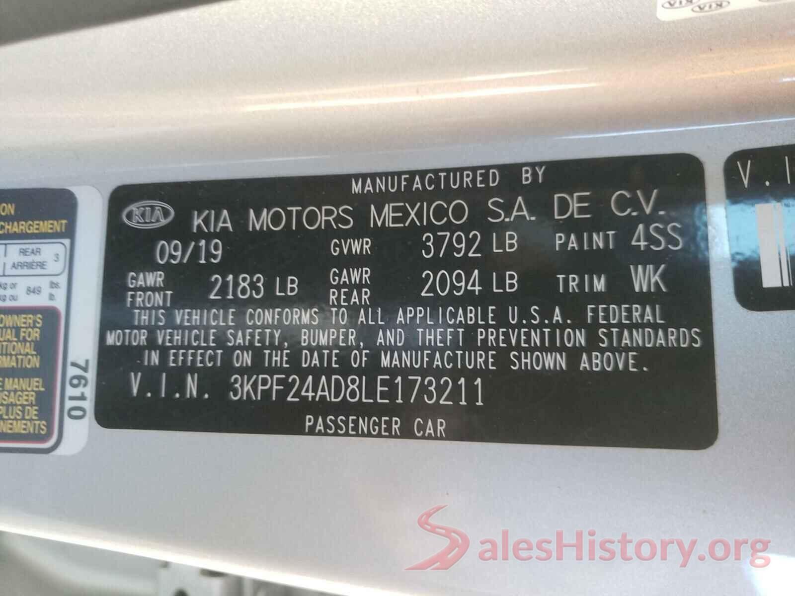 3KPF24AD8LE173211 2020 KIA FORTE