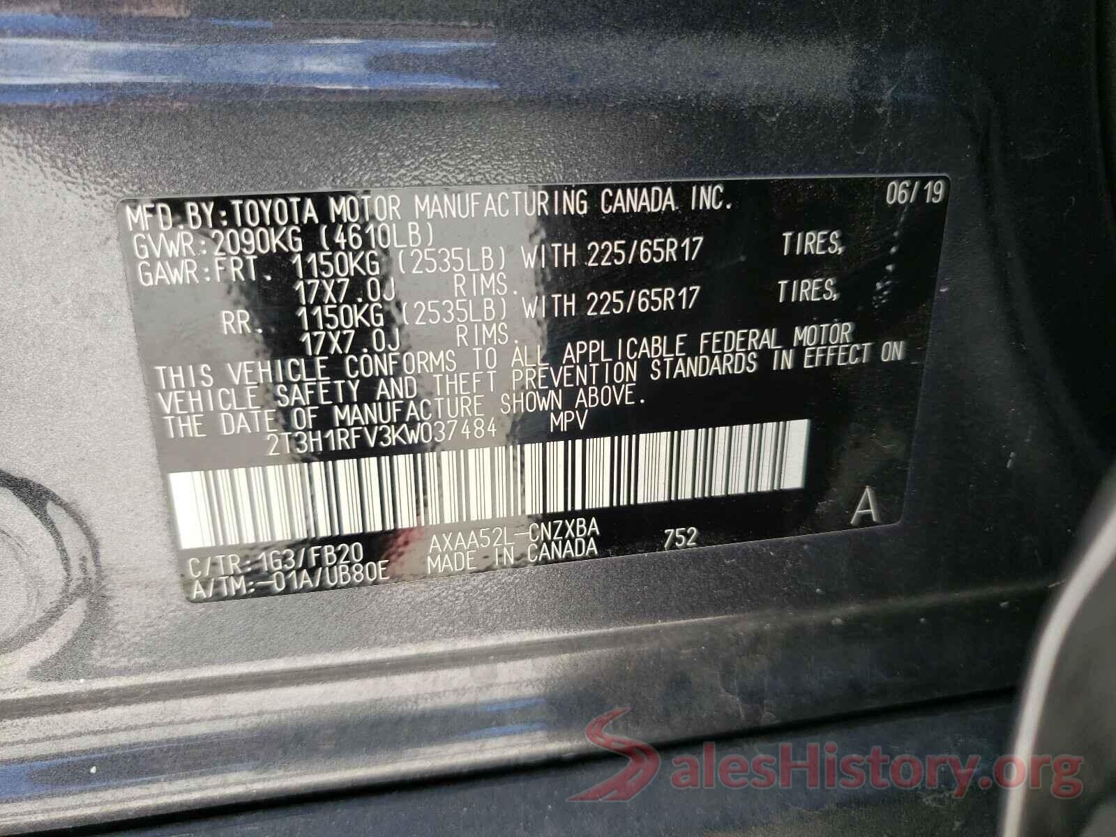 2T3H1RFV3KW037484 2019 TOYOTA RAV4