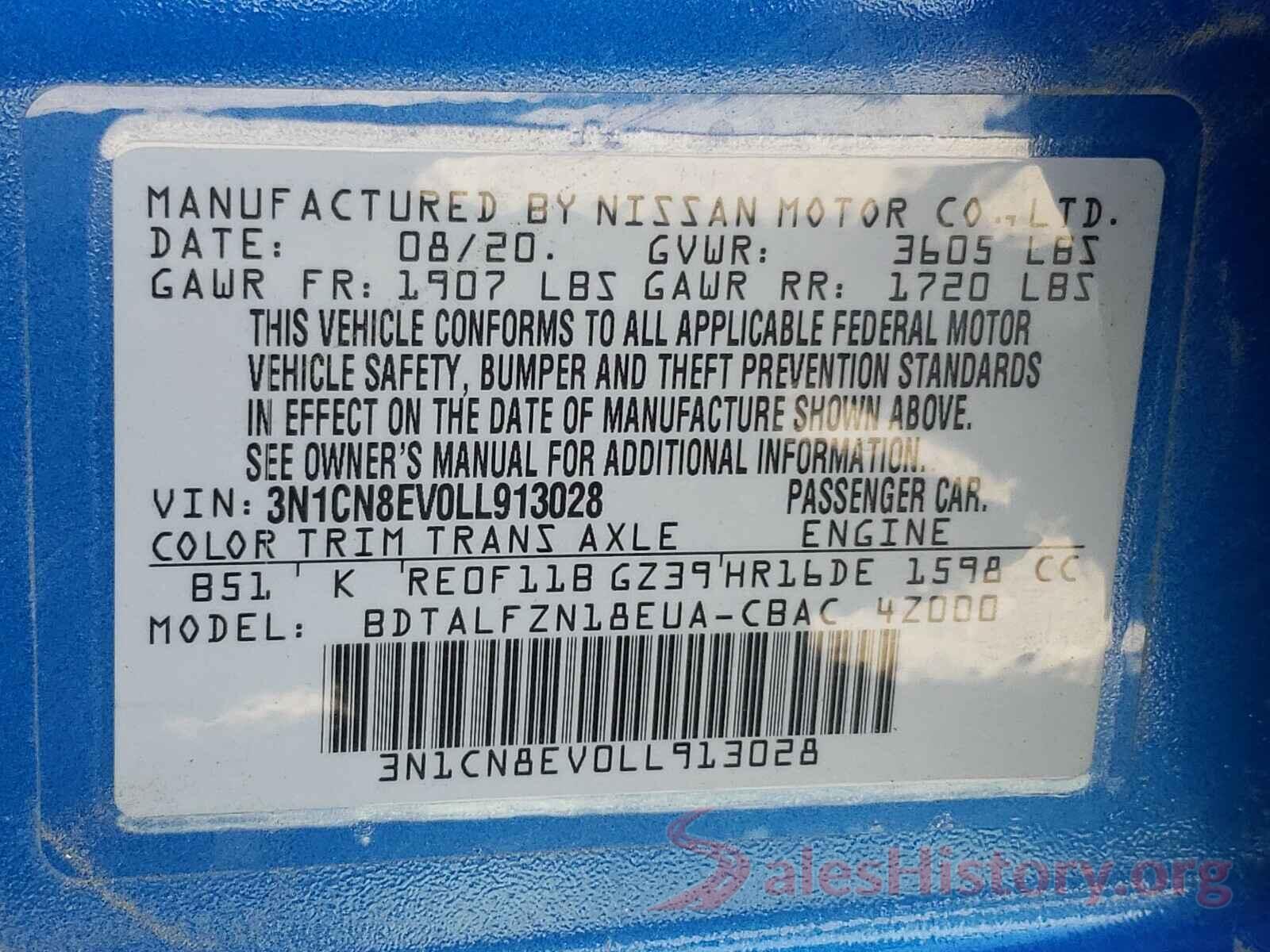 3N1CN8EV0LL913028 2020 NISSAN VERSA