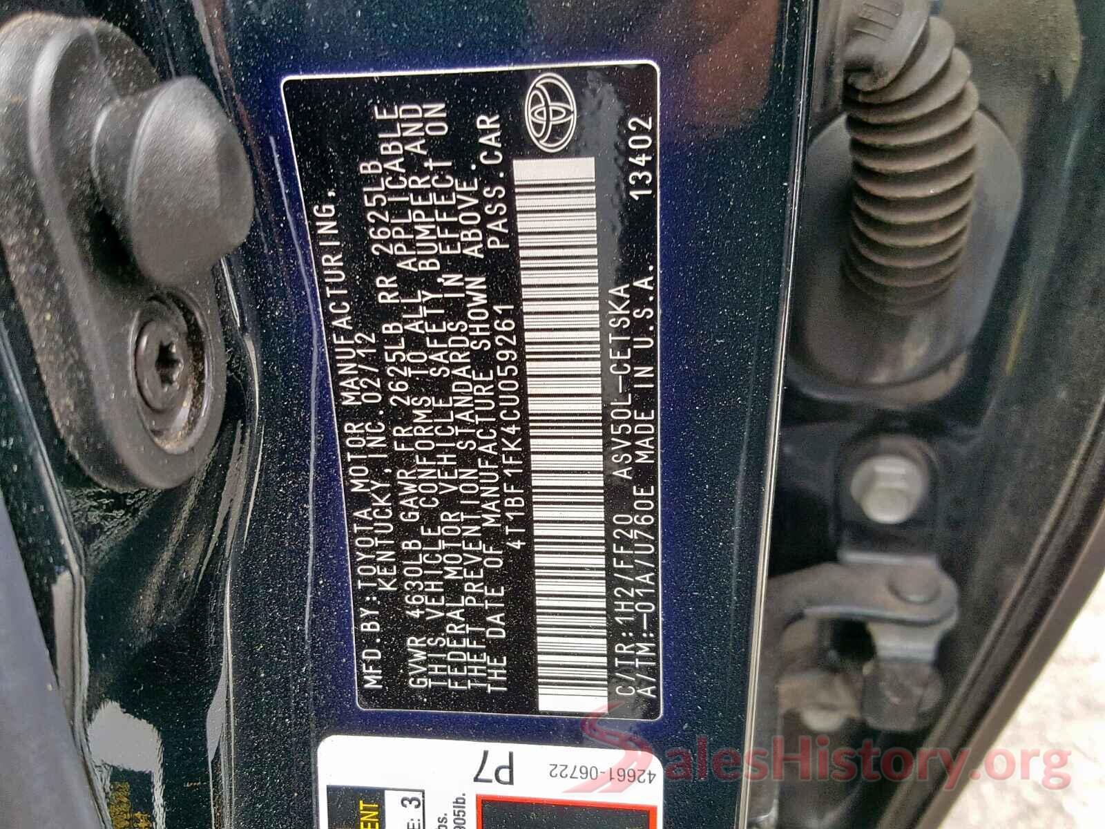 4T1BF1FK4CU059261 2012 TOYOTA CAMRY BASE