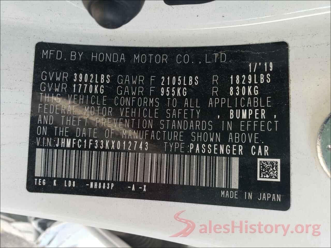 JHMFC1F33KX012743 2019 HONDA CIVIC