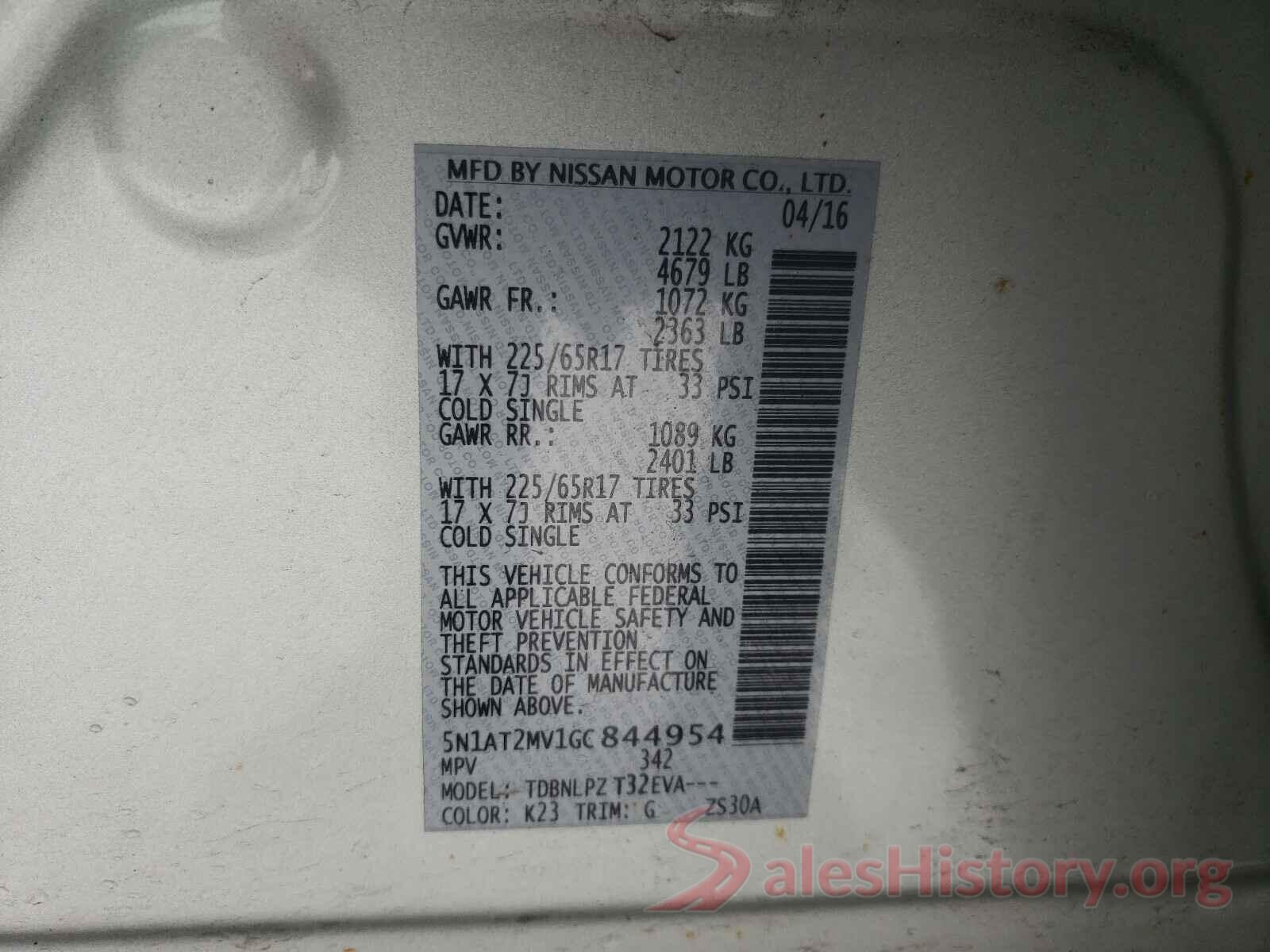 5N1AT2MV1GC844954 2016 NISSAN ROGUE