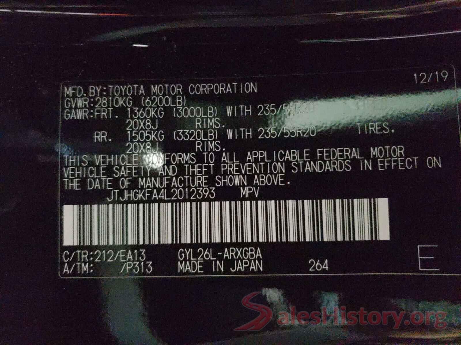 JTJHGKFA4L2012393 2020 LEXUS RX450