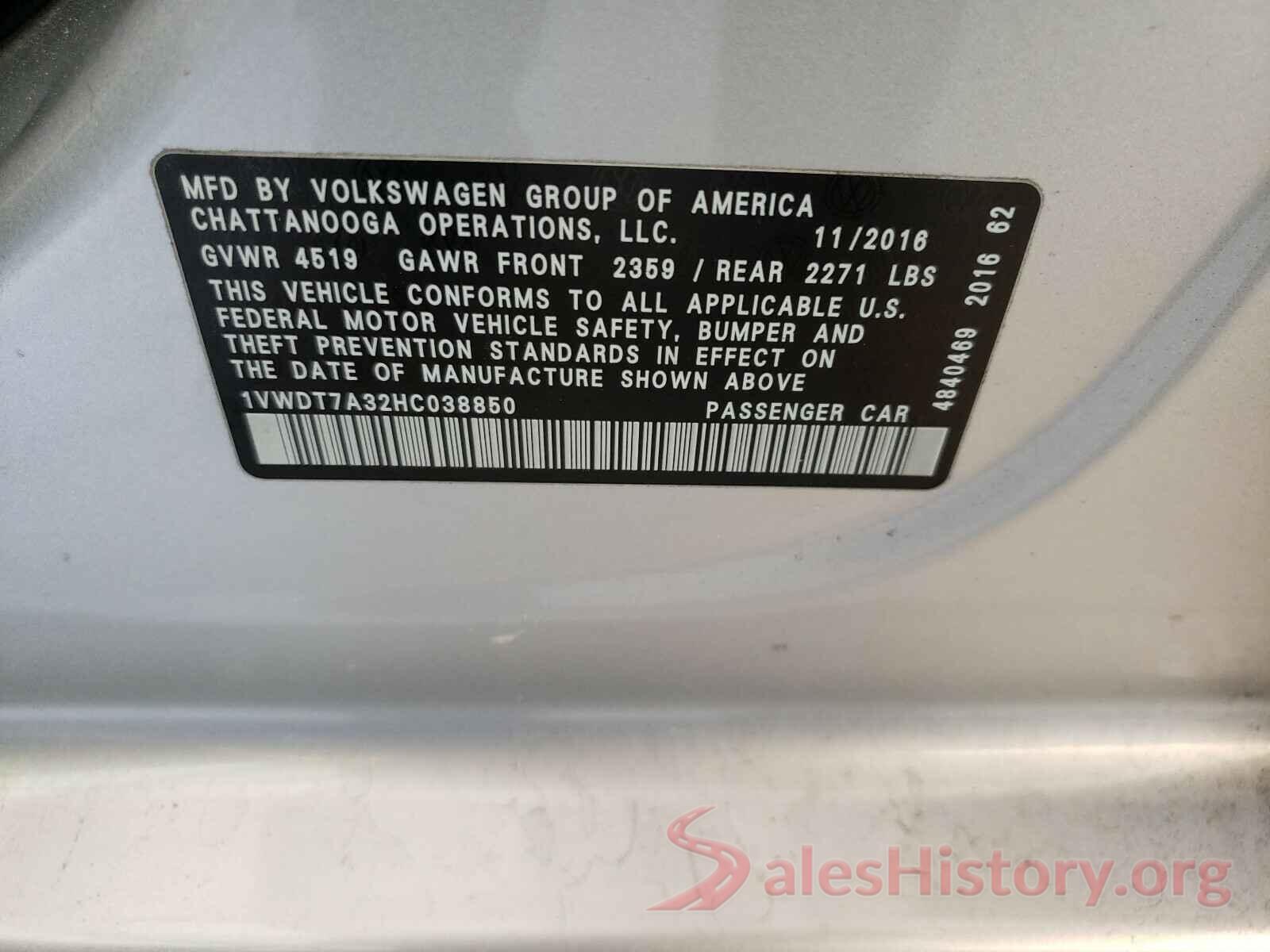 1VWDT7A32HC038850 2017 VOLKSWAGEN PASSAT