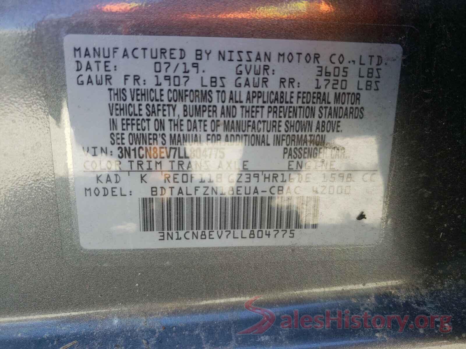 3N1CN8EV7LL804775 2020 NISSAN VERSA