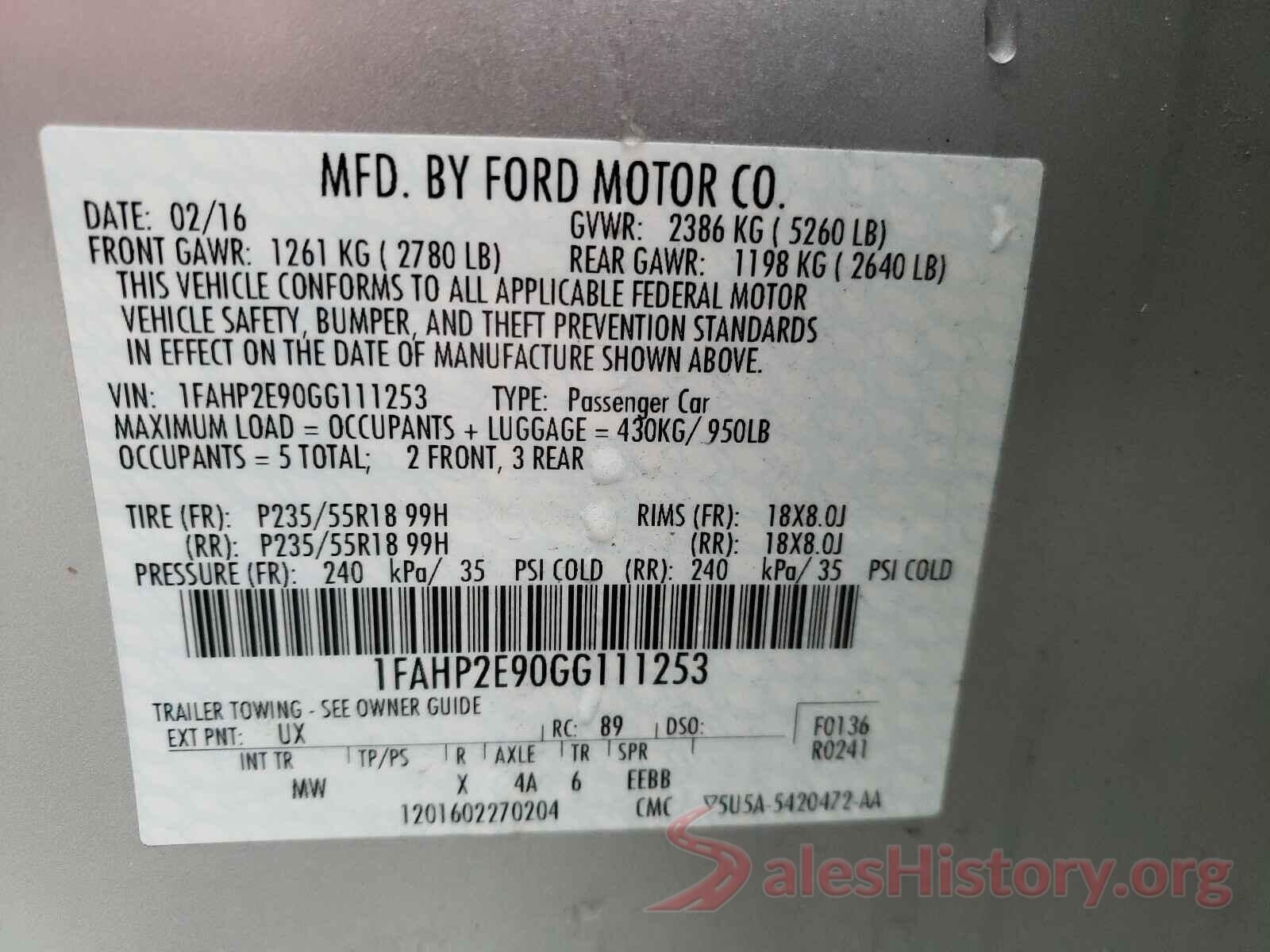 1FAHP2E90GG111253 2016 FORD TAURUS