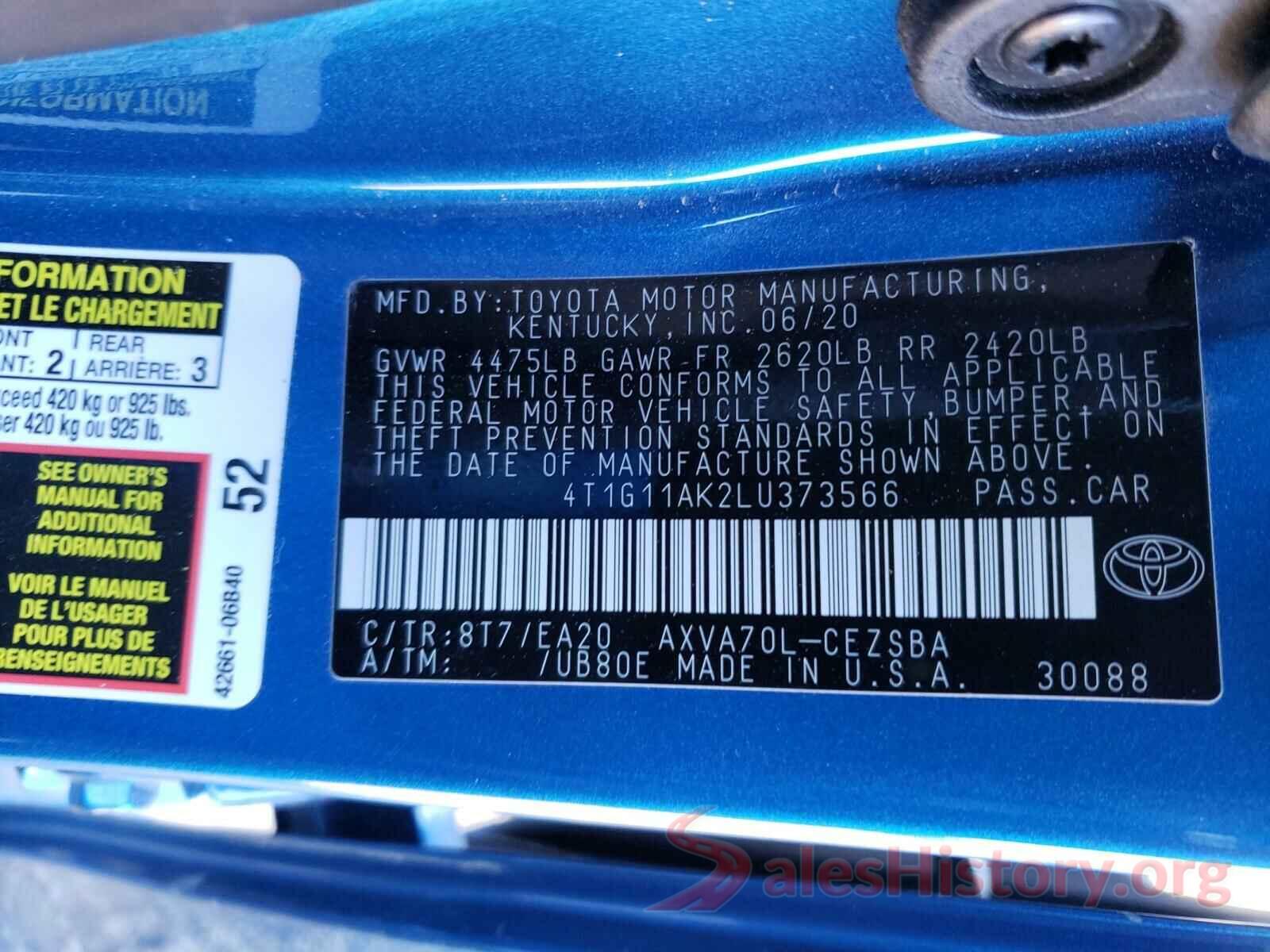 4T1G11AK2LU373566 2020 TOYOTA CAMRY