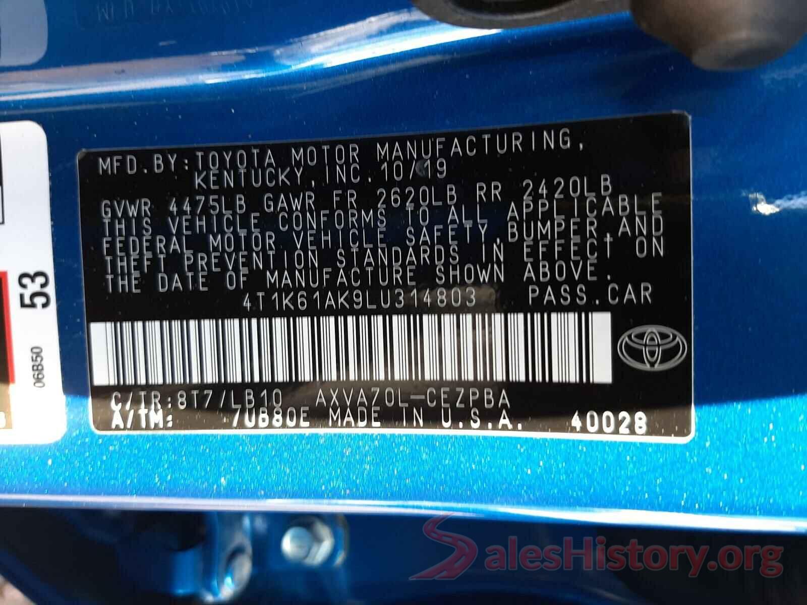 4T1K61AK9LU314803 2020 TOYOTA CAMRY