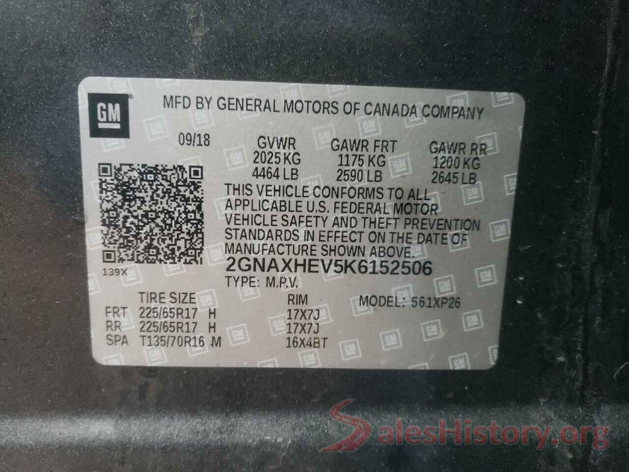 2GNAXHEV5K6152506 2019 CHEVROLET EQUINOX