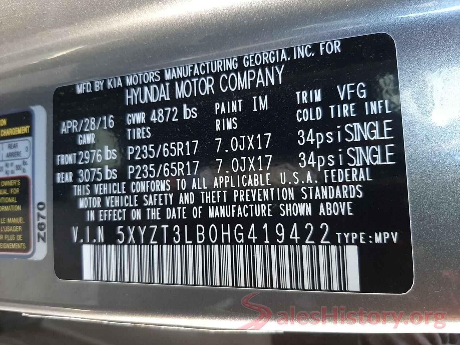 5XYZT3LB0HG419422 2017 HYUNDAI SANTA FE